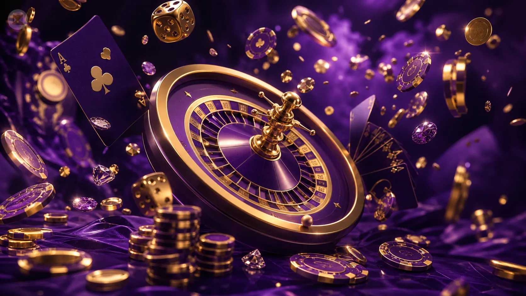 Stylized casino-themed hero banner with poker chips, playing cards, and dice in a dramatic, luxurious setting.